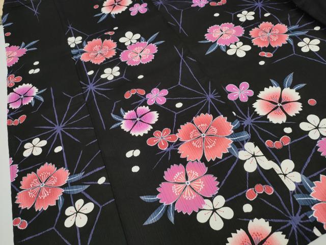 平和屋着物∴夏物 浴衣 舞花文 黒地 綿 逸品 CAAW0955ng