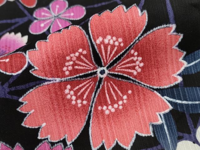 平和屋着物∴夏物 浴衣 舞花文 黒地 綿 逸品 CAAW0955ng