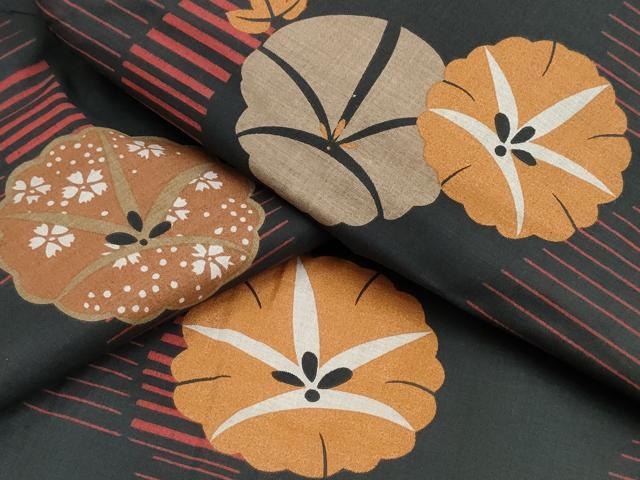 平和屋着物∴夏物 浴衣 朝顔 黒地 綿 逸品 未使用 CAAW0960ng
