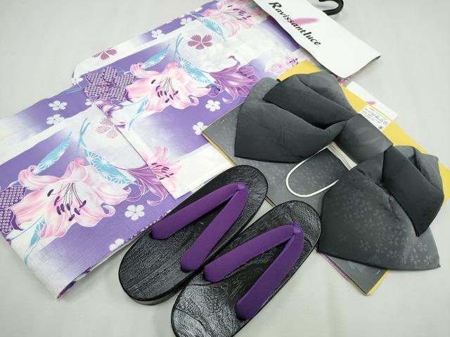 平和屋着物∴夏物 浴衣・つけ帯・下駄セット 綿紅梅 百合 ラメ系 逸品 未使用 CAAW0961ng