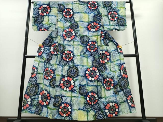 平和屋着物∴夏物 浴衣 有松鳴海絞り 格子舞菊文 綿 逸品 CAAW0999ng