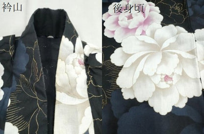 平和屋着物∴夏物 ファッションデザイナー HIROKO KOSHINO コシノヒロコ 浴衣 牡丹 黒地 金彩 綿 逸品 CAAW1050ng