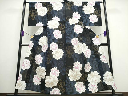 平和屋着物∴夏物 ファッションデザイナー HIROKO KOSHINO コシノヒロコ 浴衣 牡丹 黒地 金彩 綿 逸品 CAAW1050ng