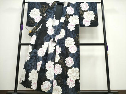 平和屋着物∴夏物 ファッションデザイナー HIROKO KOSHINO コシノヒロコ 浴衣 牡丹 黒地 金彩 綿 逸品 CAAW1050ng