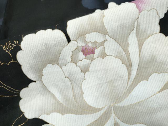 平和屋着物∴夏物 ファッションデザイナー HIROKO KOSHINO コシノヒロコ 浴衣 牡丹 黒地 金彩 綿 逸品 CAAW1050ng