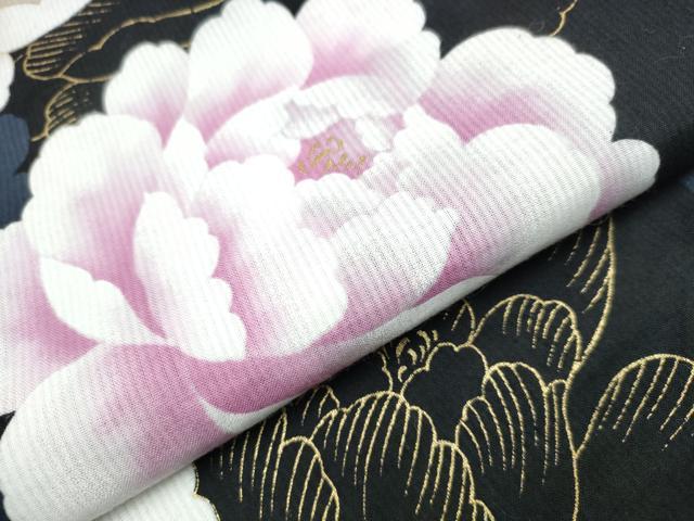 平和屋着物∴夏物 ファッションデザイナー HIROKO KOSHINO コシノヒロコ 浴衣 牡丹 黒地 金彩 綿 逸品 CAAW1050ng