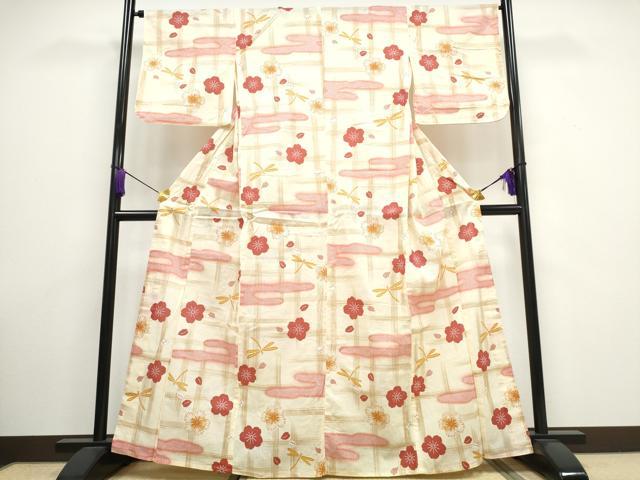 平和屋着物∴夏物 浴衣 綿紅梅 トンボ 蜻蛉 エ霞舞花文 綿 逸品 CAAW1053ng