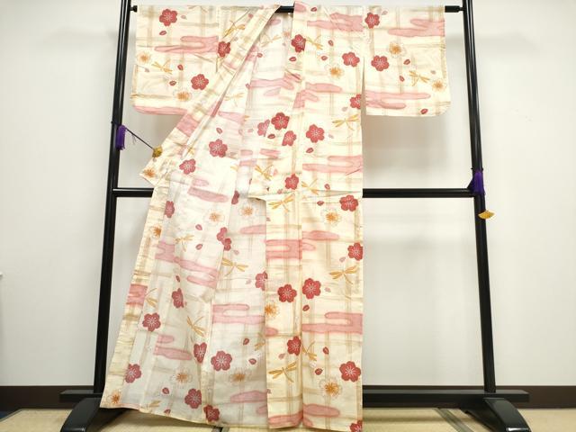 平和屋着物∴夏物 浴衣 綿紅梅 トンボ 蜻蛉 エ霞舞花文 綿 逸品 CAAW1053ng
