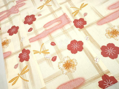 平和屋着物∴夏物 浴衣 綿紅梅 トンボ 蜻蛉 エ霞舞花文 綿 逸品 CAAW1053ng