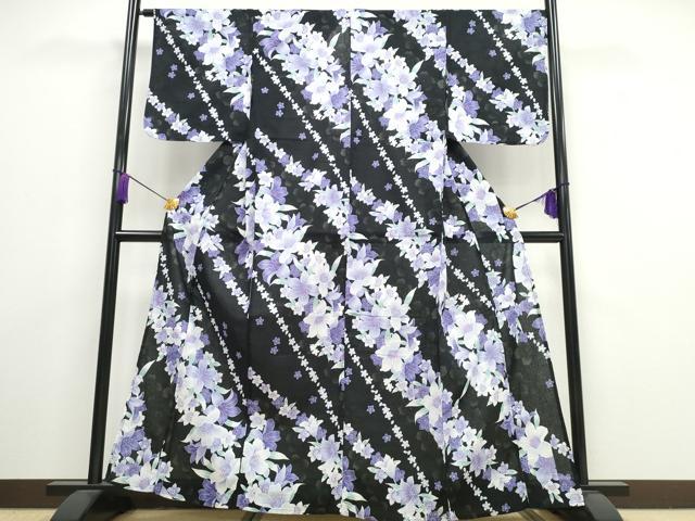 平和屋着物∴夏物 浴衣 綿紅梅 百合 黒地 綿 逸品 CAAW1054ng