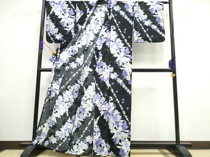 平和屋着物∴夏物 浴衣 綿紅梅 百合 黒地 綿 逸品 CAAW1054ng