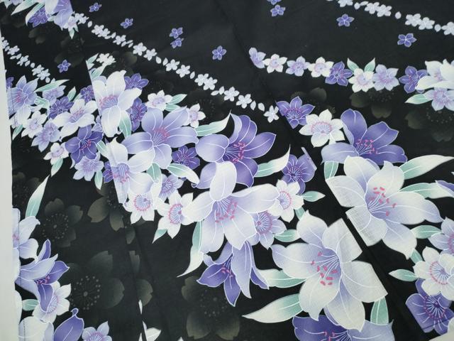 平和屋着物∴夏物 浴衣 綿紅梅 百合 黒地 綿 逸品 CAAW1054ng
