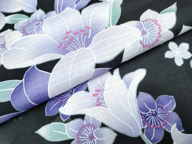 平和屋着物∴夏物 浴衣 綿紅梅 百合 黒地 綿 逸品 CAAW1054ng