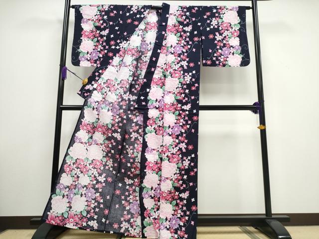 平和屋着物∴夏物 浴衣 綿紅梅 薔薇 草花尽くし 銀彩 綿 逸品 CAAW1055ng