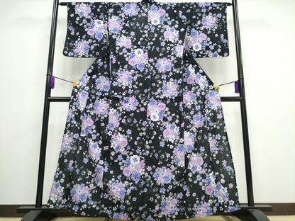 平和屋着物∴夏物 浴衣 綿紅梅 花丸文 黒地 銀彩 綿 逸品 CAAW1058ng