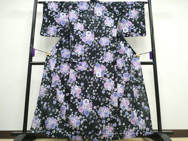 平和屋着物∴夏物 浴衣 綿紅梅 花丸文 黒地 銀彩 綿 逸品 CAAW1058ng