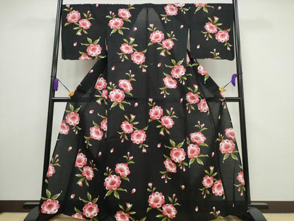 平和屋着物∴夏物 浴衣 綿紅梅 舞花文 黒地 綿 逸品 CAAW1064ng