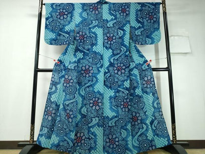平和屋着物∴夏物　浴衣　有松鳴海絞り　流水扇面花文　綿　逸品　CAAW1076ng