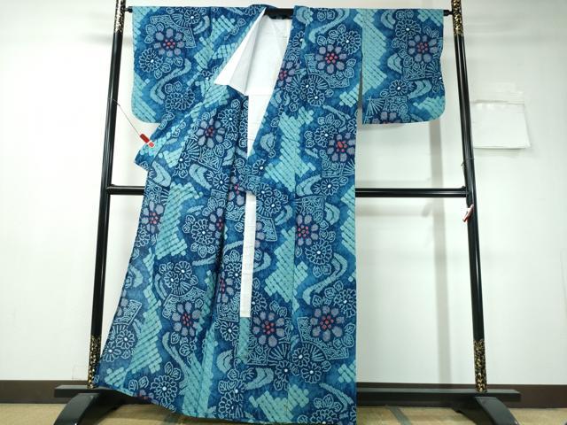 平和屋着物∴夏物　浴衣　有松鳴海絞り　流水扇面花文　綿　逸品　CAAW1076ng