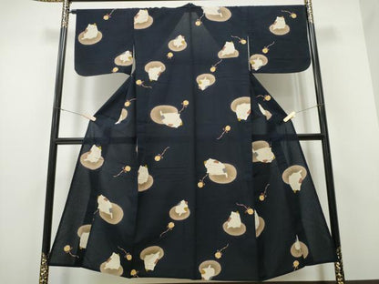 平和屋着物∴夏物 浴衣 鈴 猫 黒地 綿 逸品 CAAW1104ng