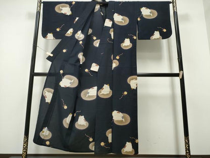 平和屋着物∴夏物 浴衣 鈴 猫 黒地 綿 逸品 CAAW1104ng