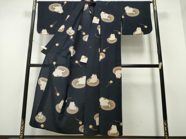 平和屋着物∴夏物 浴衣 鈴 猫 黒地 綿 逸品 CAAW1104ng