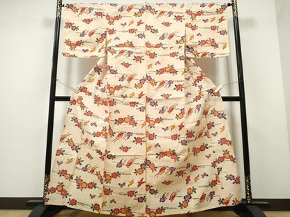 平和屋着物∴夏物 浴衣 綿紅梅 型染め 舞花鳥文 綿 逸品 CAAW1115ng