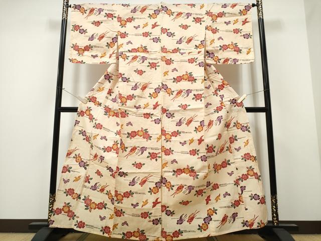 平和屋着物∴夏物 浴衣 綿紅梅 型染め 舞花鳥文 綿 逸品 CAAW1115ng