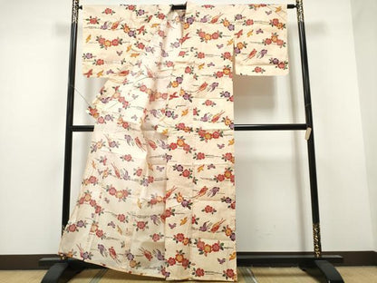 平和屋着物∴夏物 浴衣 綿紅梅 型染め 舞花鳥文 綿 逸品 CAAW1115ng