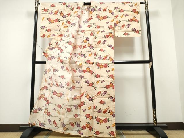 平和屋着物∴夏物 浴衣 綿紅梅 型染め 舞花鳥文 綿 逸品 CAAW1115ng