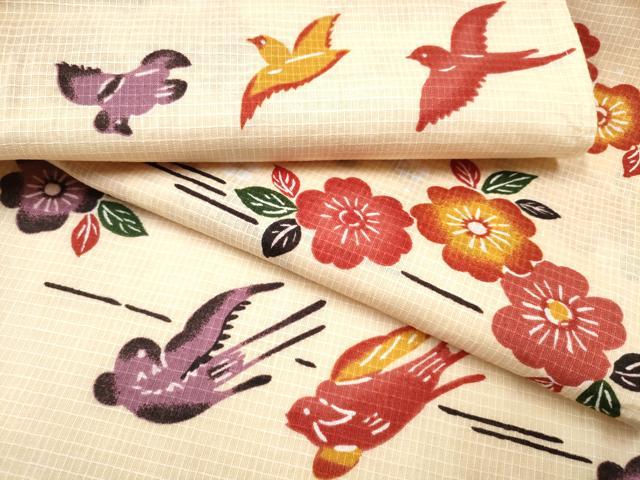 平和屋着物∴夏物 浴衣 綿紅梅 型染め 舞花鳥文 綿 逸品 CAAW1115ng