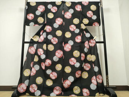平和屋着物∴夏物 浴衣 縦綿絽 雪輪花文 黒地 綿 逸品 CAAW1117ng