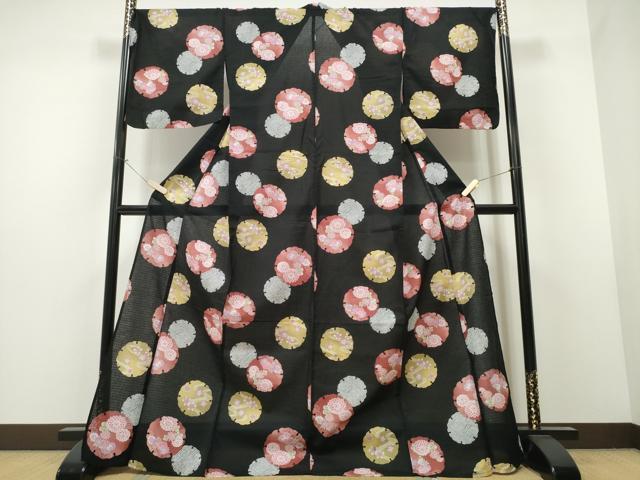 平和屋着物∴夏物 浴衣 縦綿絽 雪輪花文 黒地 綿 逸品 CAAW1117ng