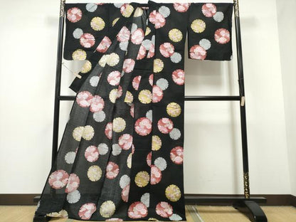 平和屋着物∴夏物 浴衣 縦綿絽 雪輪花文 黒地 綿 逸品 CAAW1117ng