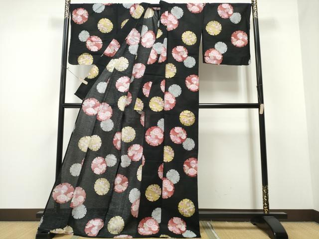 平和屋着物∴夏物 浴衣 縦綿絽 雪輪花文 黒地 綿 逸品 CAAW1117ng