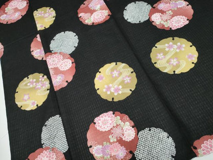 平和屋着物∴夏物 浴衣 縦綿絽 雪輪花文 黒地 綿 逸品 CAAW1117ng