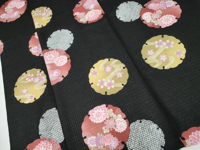 平和屋着物∴夏物 浴衣 縦綿絽 雪輪花文 黒地 綿 逸品 CAAW1117ng