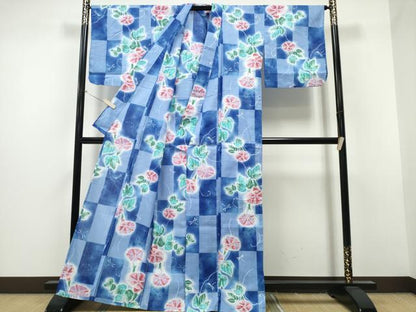 平和屋着物∴夏物 浴衣 朝顔 アサガオ 市松花文 暈し染め 逸品 CAAW1123ng