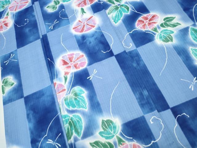 平和屋着物∴夏物 浴衣 朝顔 アサガオ 市松花文 暈し染め 逸品 CAAW1123ng