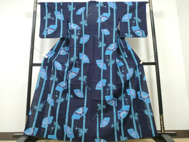 平和屋着物∴夏物 浴衣 枝葉間道 地紙舞蝶文 綿 逸品 CAAW1129ng