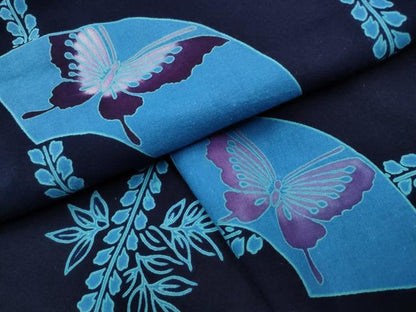 平和屋着物∴夏物 浴衣 枝葉間道 地紙舞蝶文 綿 逸品 CAAW1129ng