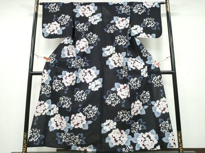 平和屋着物∴夏物 浴衣 紫陽花 黒地 金彩 綿 逸品 未使用 CAAW1164ng