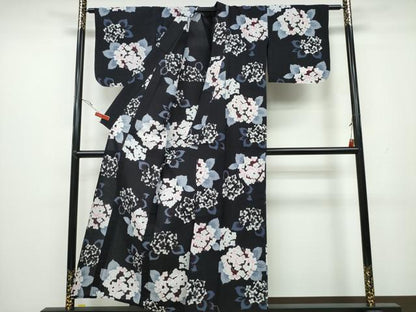 平和屋着物∴夏物 浴衣 紫陽花 黒地 金彩 綿 逸品 未使用 CAAW1164ng