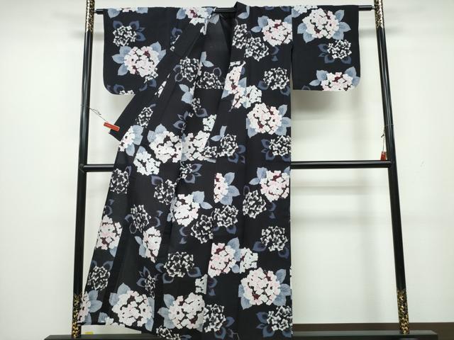 平和屋着物∴夏物 浴衣 紫陽花 黒地 金彩 綿 逸品 未使用 CAAW1164ng