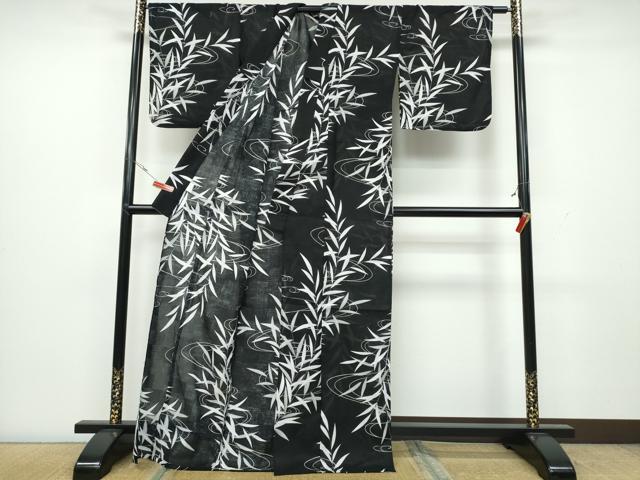 平和屋着物∴夏物 浴衣 流水笹文 黒地 綿 逸品 CAAW1170ng