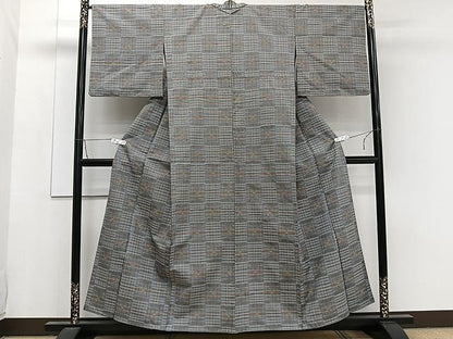 平和屋着物▽上質な紬 単衣 格子柄 正絹 逸品 CAAW1209xi