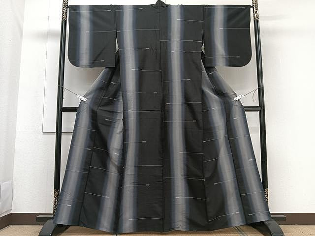 平和屋着物▽上質な紬 単衣 間道 黒地 正絹 逸品 CAAW1215xi