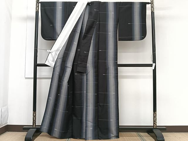 平和屋着物▽上質な紬 単衣 間道 黒地 正絹 逸品 CAAW1215xi