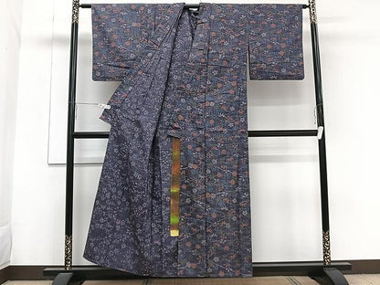 平和屋着物▽上質な紬 単衣 草花文 正絹 逸品 CAAW1220xi