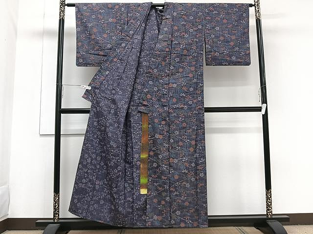 平和屋着物▽上質な紬 単衣 草花文 正絹 逸品 CAAW1220xi